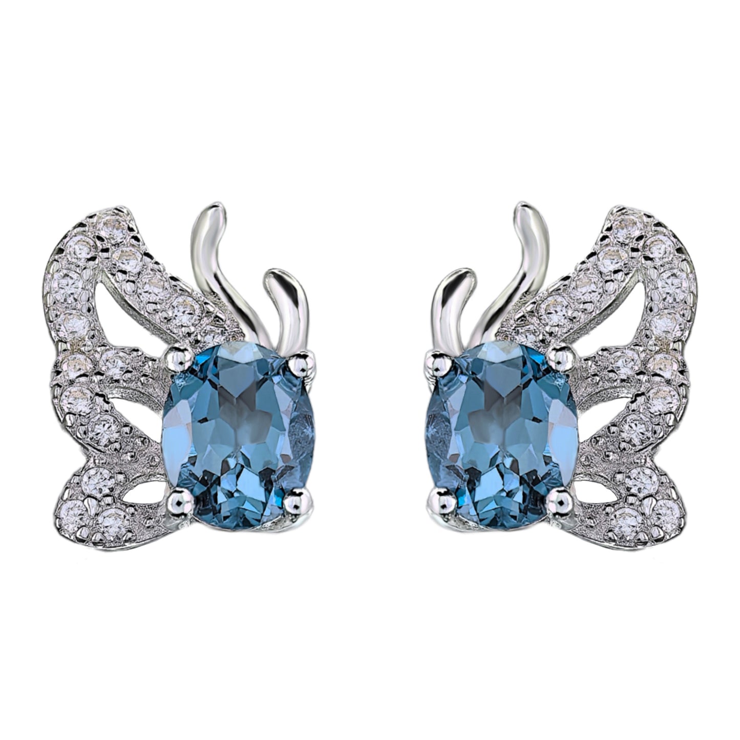 Graceful Rhodium Plated 925 Silver Natural London Blue Topaz Butterfly Stud Earrings