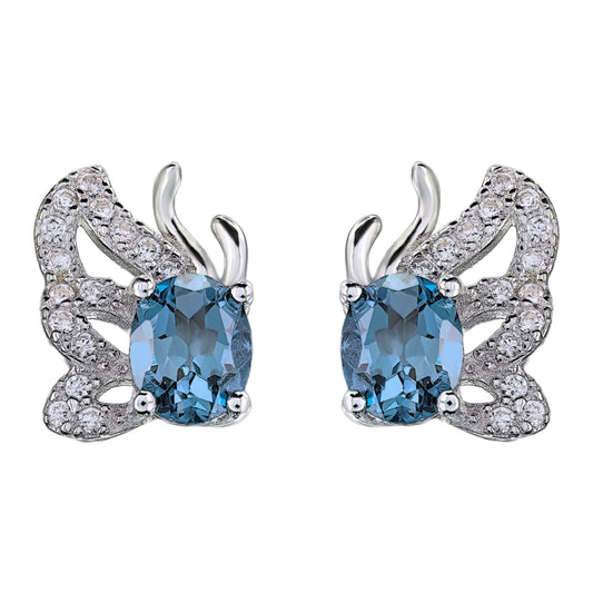 Graceful Rhodium Plated 925 Silver Natural London Blue Topaz Butterfly Stud Earrings