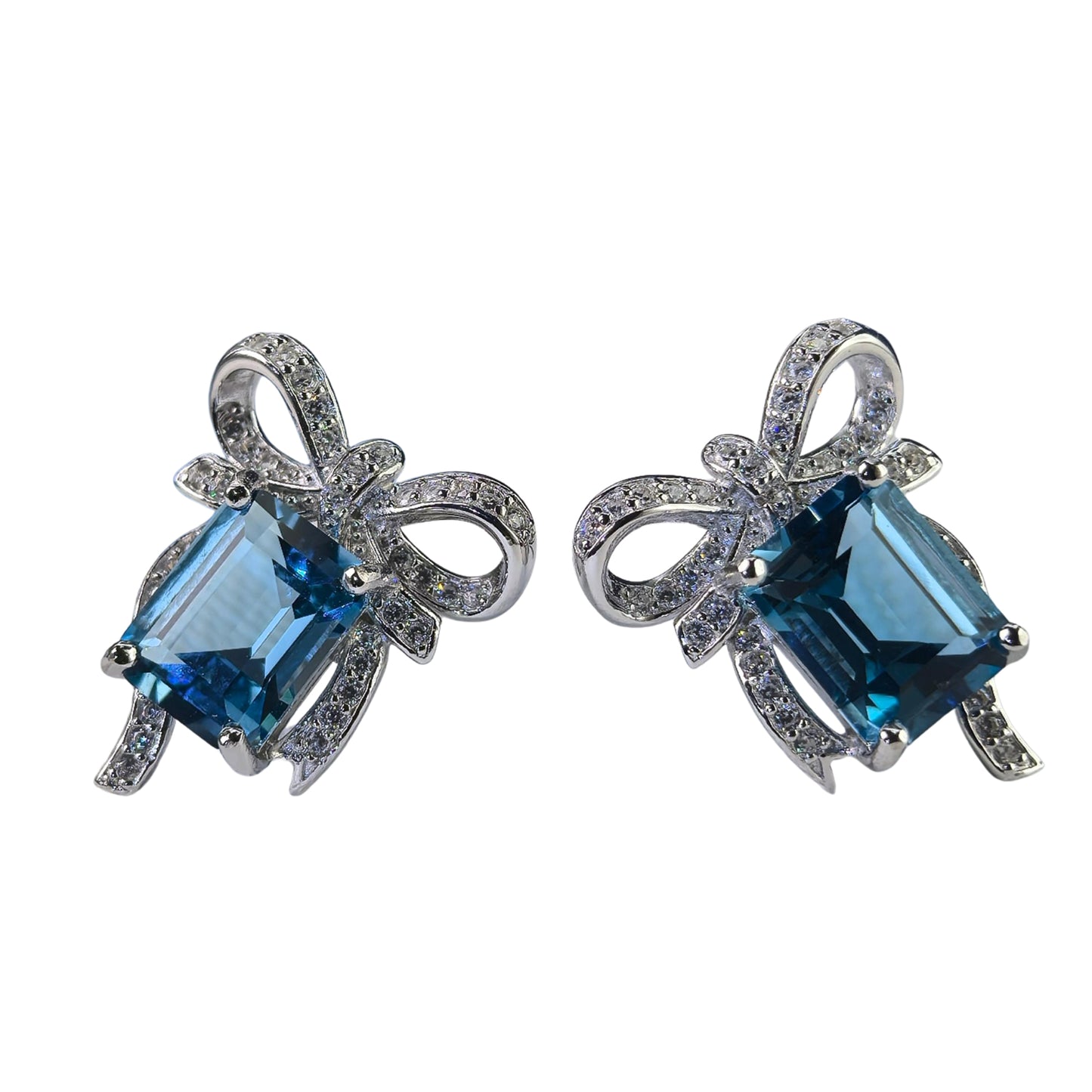 Elegant Rhodium Plated 925 Silver Jewelry Natural London Blue Topaz Bow Stud Earrings