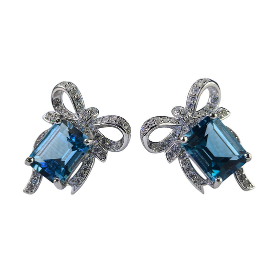 Elegant Rhodium Plated 925 Silver Jewelry Natural London Blue Topaz Bow Stud Earrings
