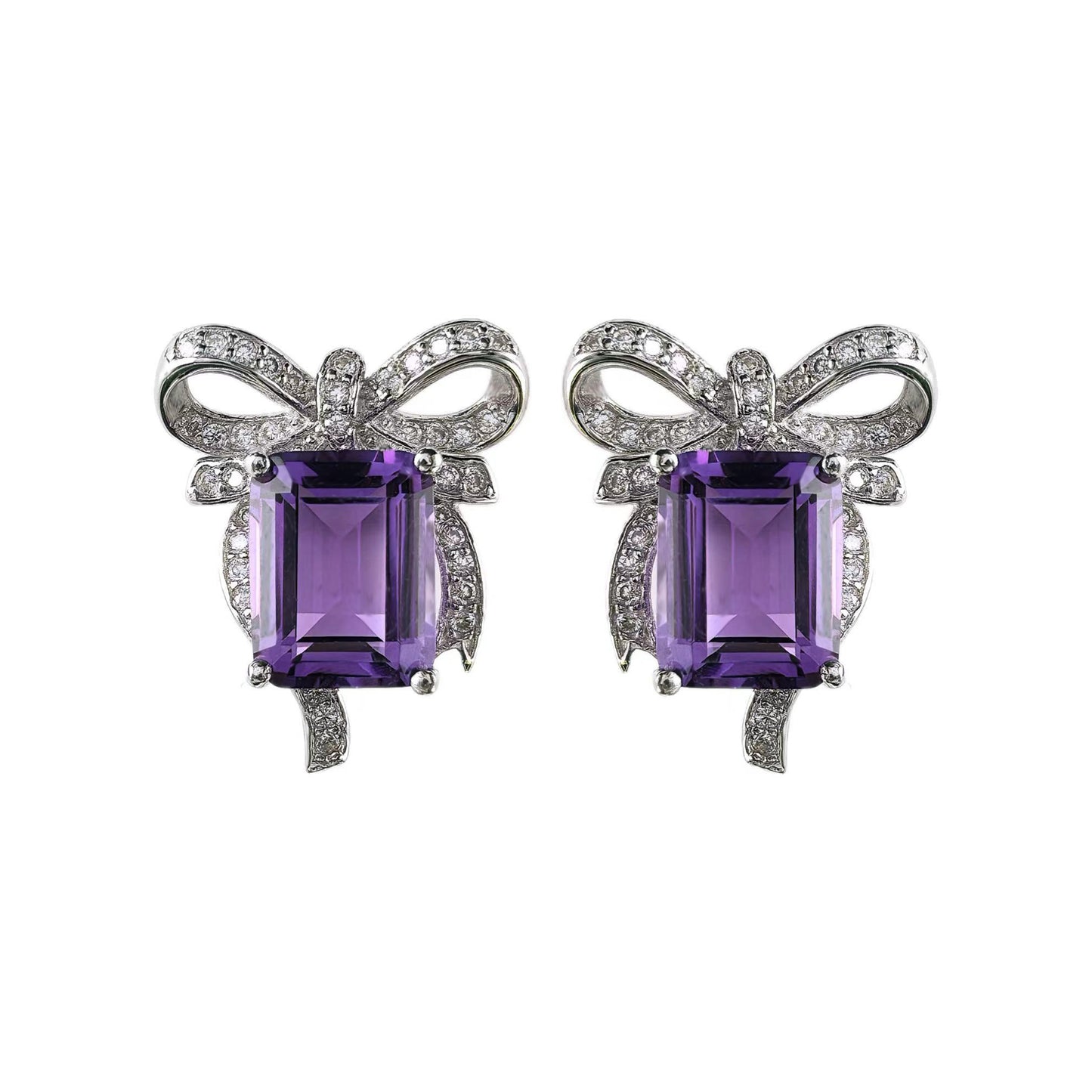 Romantic Rhodium-Plated 925 Sterling Silver Natural Amethyst Bow Stud Earrings