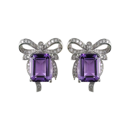 Romantic Rhodium-Plated 925 Sterling Silver Natural Amethyst Bow Stud Earrings