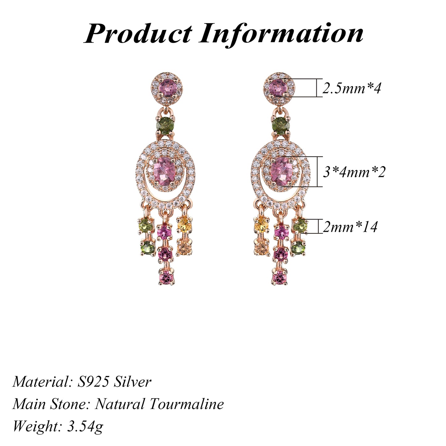Elegant Rose Gold Plated 925 Sterling Silver Natural Tourmaline Drop Earrings