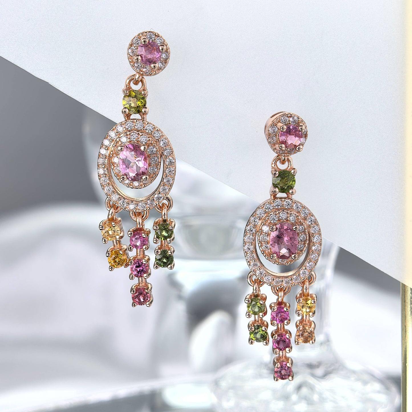 Elegant Rose Gold Plated 925 Sterling Silver Natural Tourmaline Drop Earrings