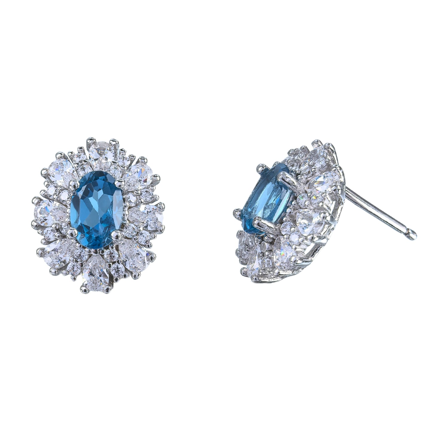 Sparkling Rhodium Plated 925 Silver Jewelry Natural London Blue Topaz Stud Earrings