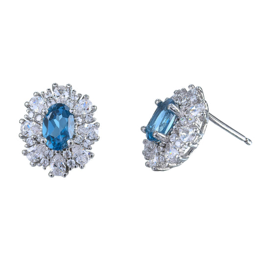 Sparkling Rhodium Plated 925 Silver Jewelry Natural London Blue Topaz Stud Earrings