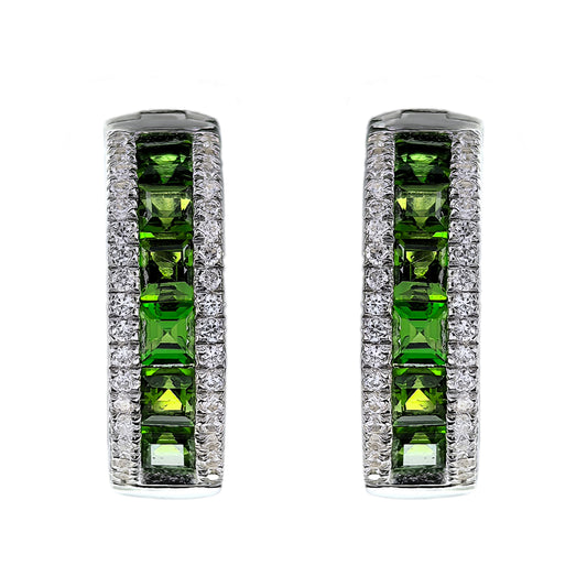 Exquisite Rhodium Plated Silver 925 Jewelry Natural Diopside Hoop Earrings