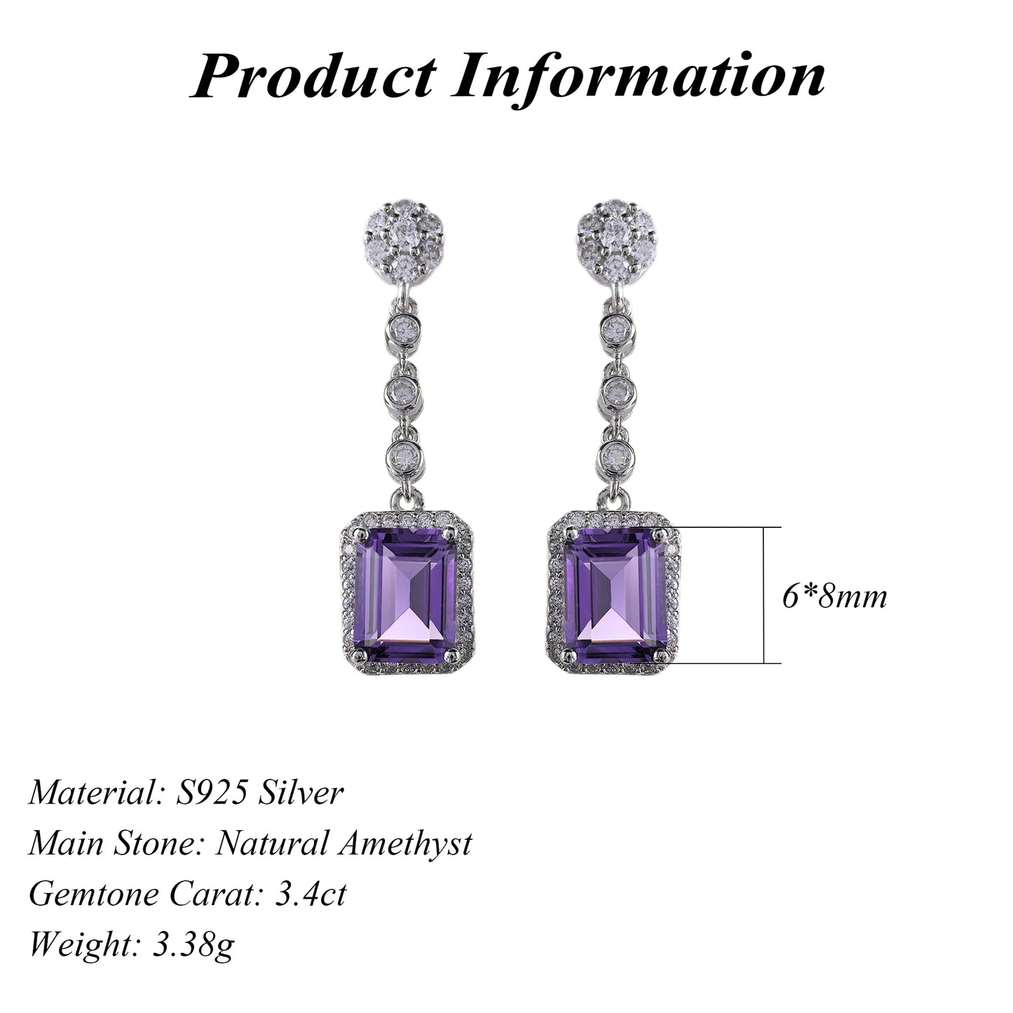 Noble Rhodium Plated 925 Silver Drop Earrings Natural Amethyst Emerald Cut