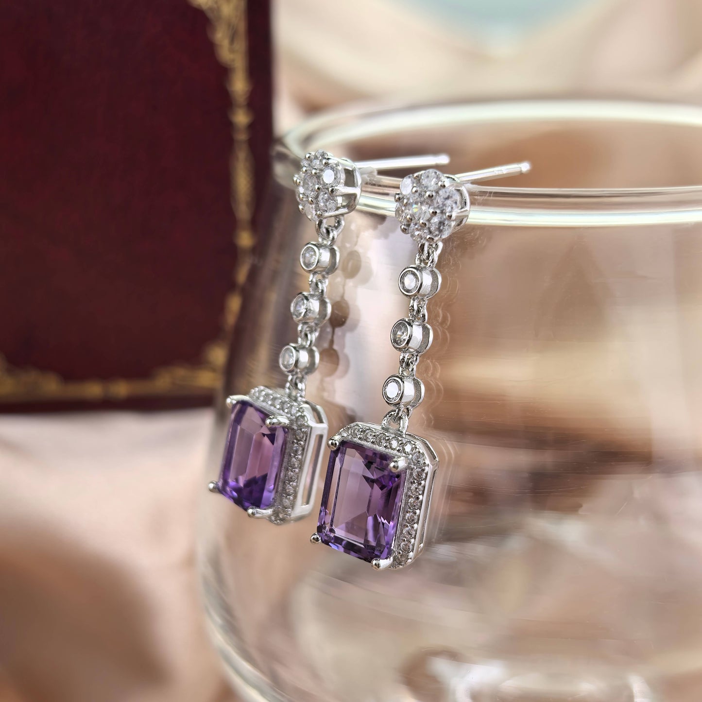 Noble Rhodium Plated 925 Silver Drop Earrings Natural Amethyst Emerald Cut