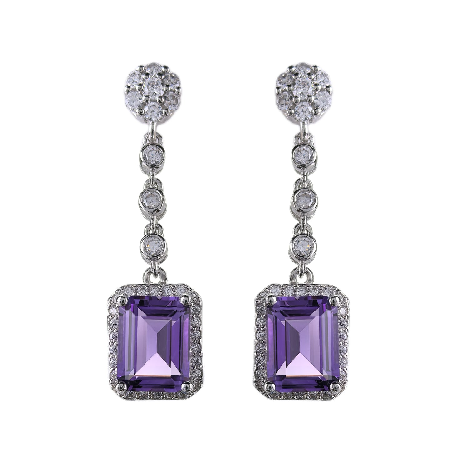 Noble Rhodium Plated 925 Silver Drop Earrings Natural Amethyst Emerald Cut