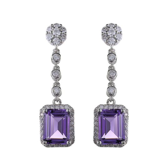 Noble Rhodium Plated 925 Silver Drop Earrings Natural Amethyst Emerald Cut