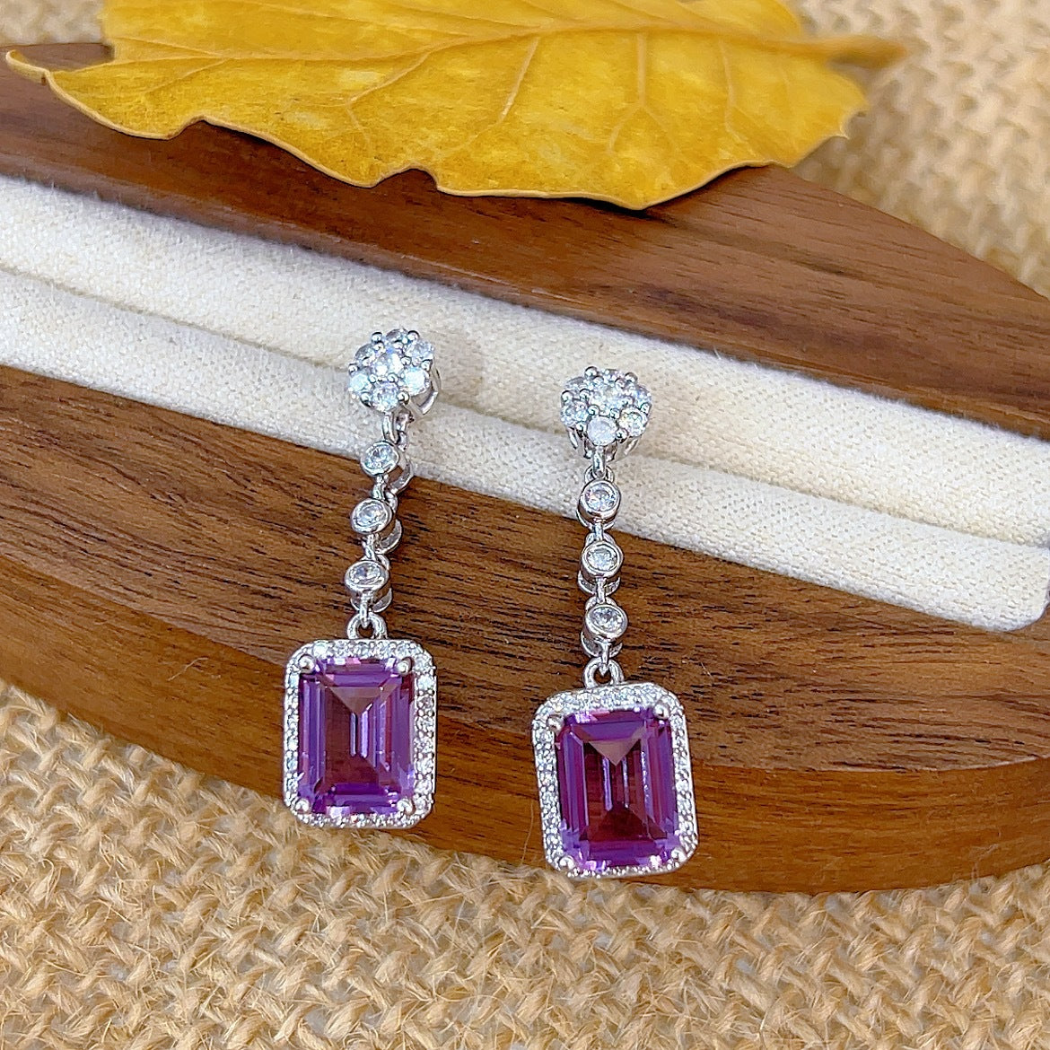 Noble Rhodium Plated 925 Silver Drop Earrings Natural Amethyst Emerald Cut