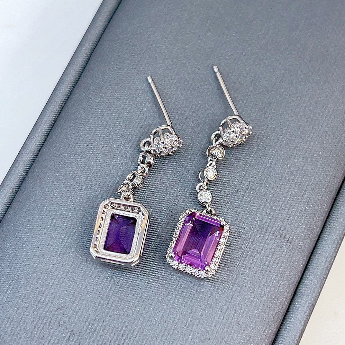 Noble Rhodium Plated 925 Silver Drop Earrings Natural Amethyst Emerald Cut