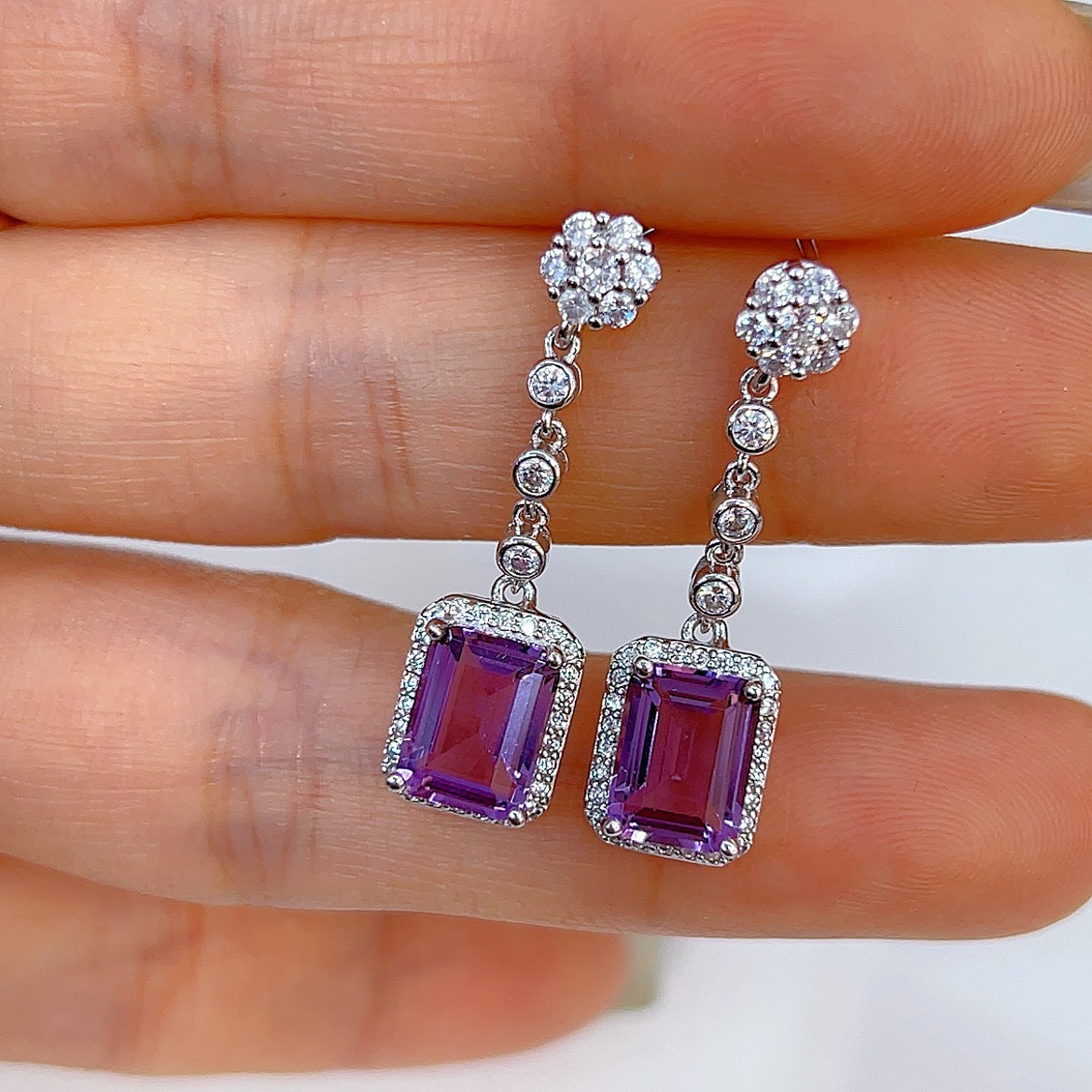 Noble Rhodium Plated 925 Silver Drop Earrings Natural Amethyst Emerald Cut