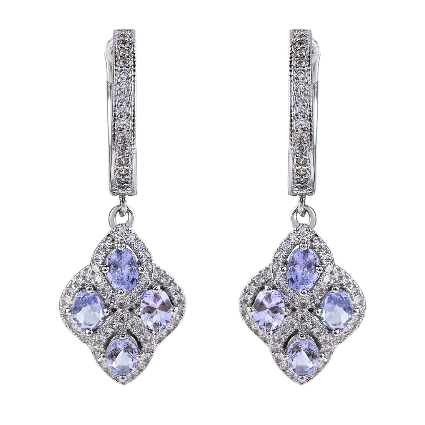 Elegant 925 Silver Rhodium Plated Four Leaf Clover Natural Tanzanite Drop Earrings