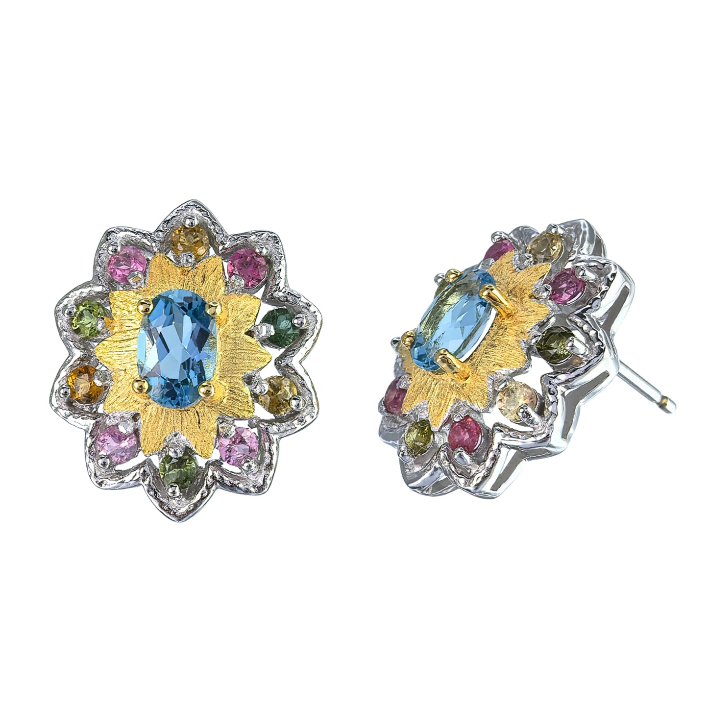 Delicate Rhodium Plated 925 Silver Jewelry Natural London Blue Topaz/Sapphire Flower Stud Earrings