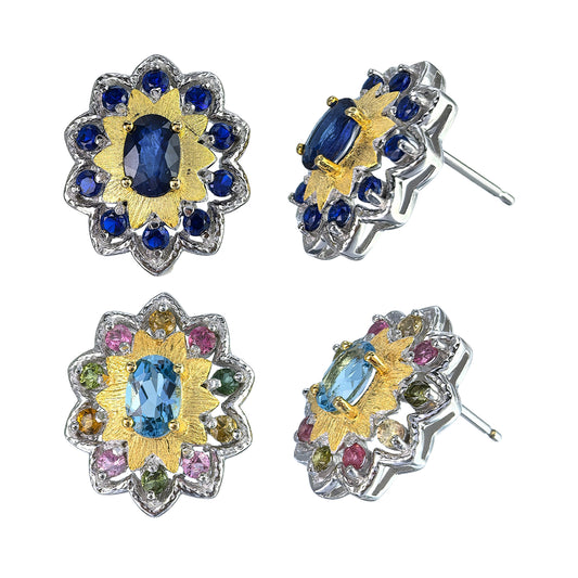 Delicate Rhodium Plated 925 Silver Jewelry Natural London Blue Topaz/Sapphire Flower Stud Earrings