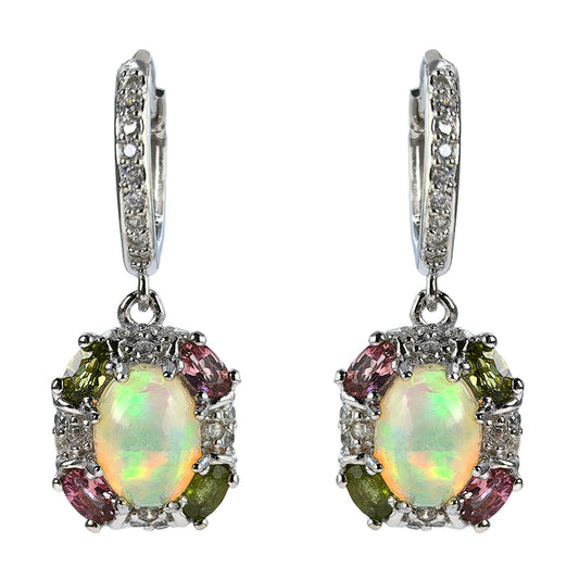 Delicate Rhodium Plated 925 Silver Jewelry Natural Opal Drop Earrings