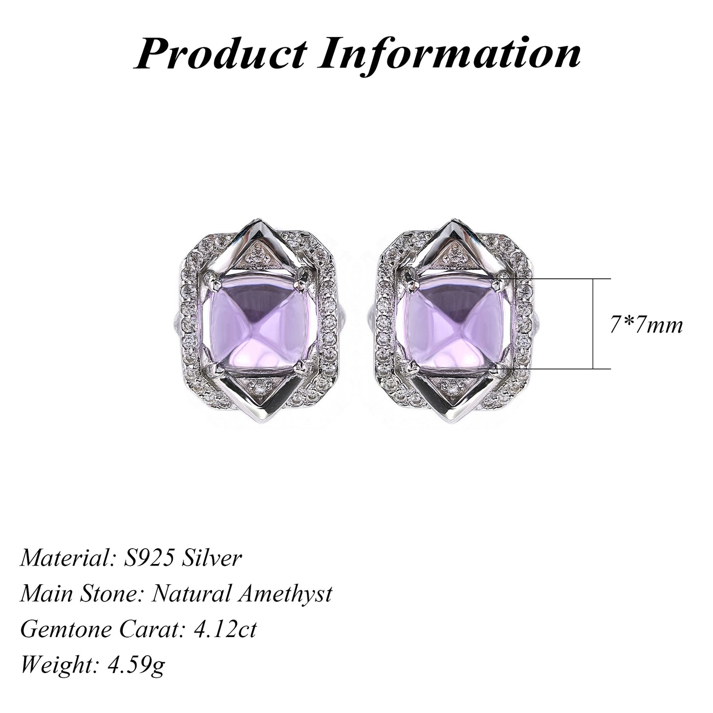 Unique Rhodium Plated 925 Sterling Silver Sugar-loaf Cut Natural Amethyst Stud Earrings