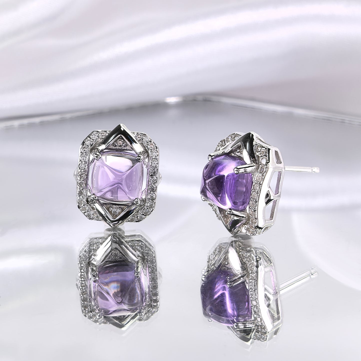 Unique Rhodium Plated 925 Sterling Silver Sugar-loaf Cut Natural Amethyst Stud Earrings