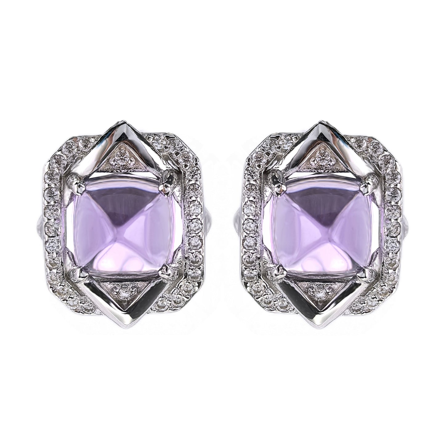 Unique Rhodium Plated 925 Sterling Silver Sugar-loaf Cut Natural Amethyst Stud Earrings