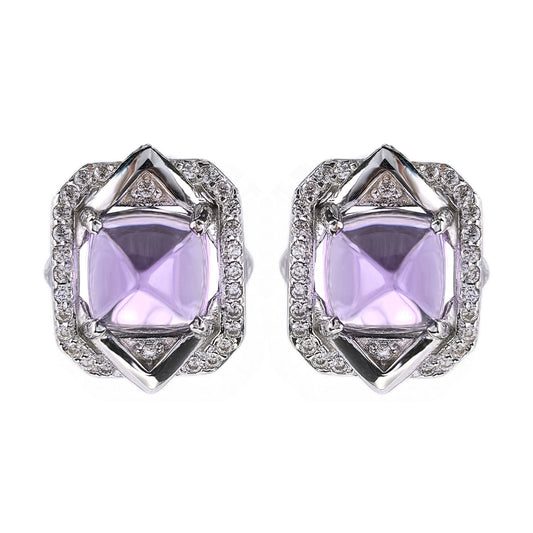 Unique Rhodium Plated 925 Sterling Silver Sugar-loaf Cut Natural Amethyst Stud Earrings