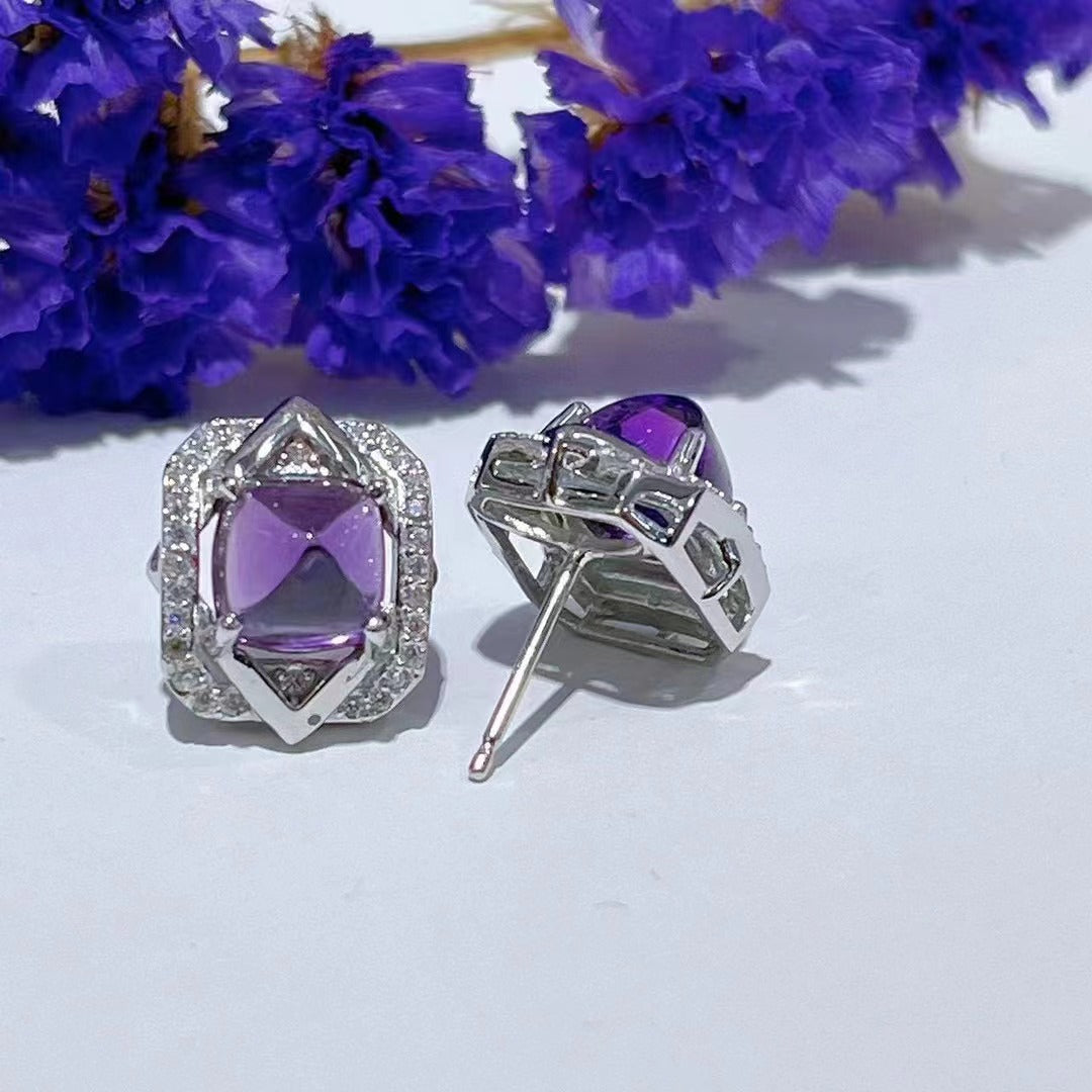 Unique Rhodium Plated 925 Sterling Silver Sugar-loaf Cut Natural Amethyst Stud Earrings