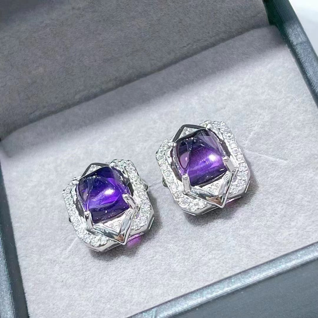 Unique Rhodium Plated 925 Sterling Silver Sugar-loaf Cut Natural Amethyst Stud Earrings