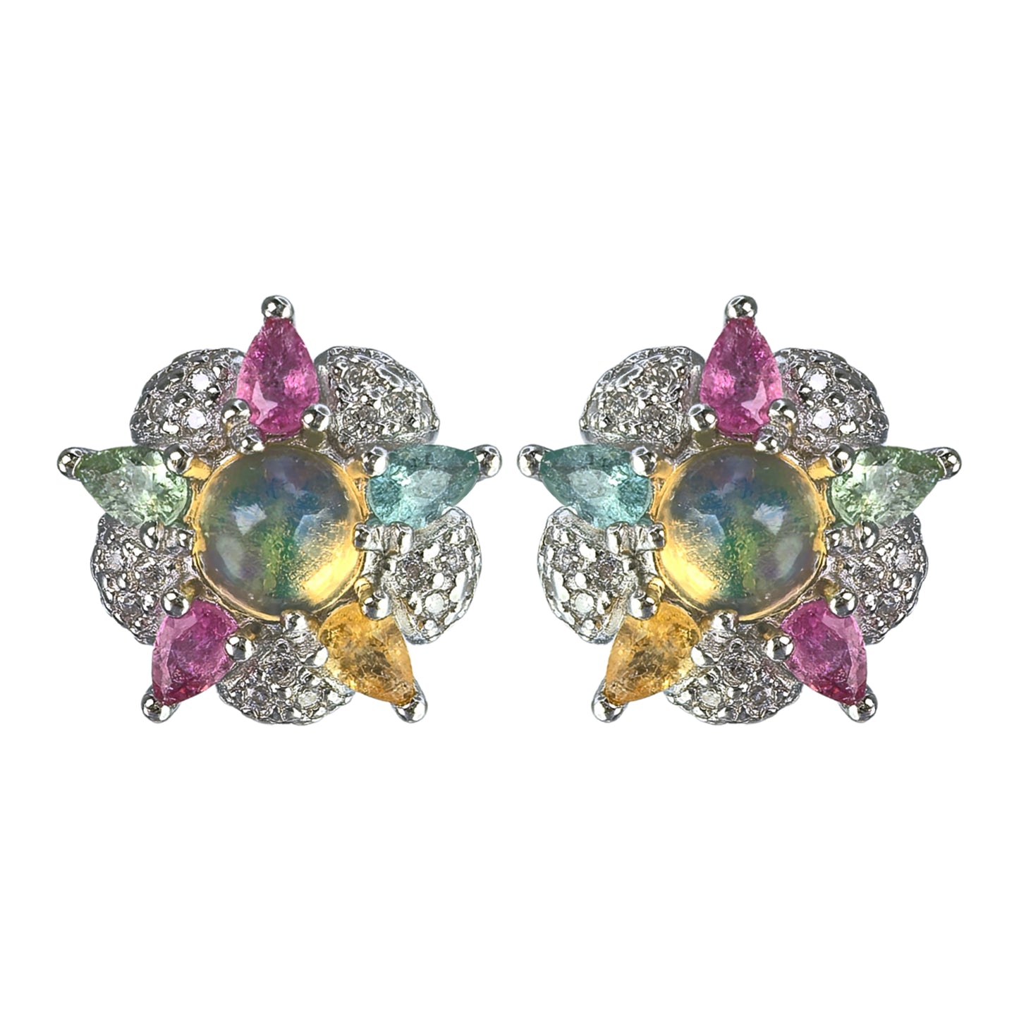 Elegant Rhodium Plated 925 Silver Jewelry Natural Opal Flower Stud Earrings