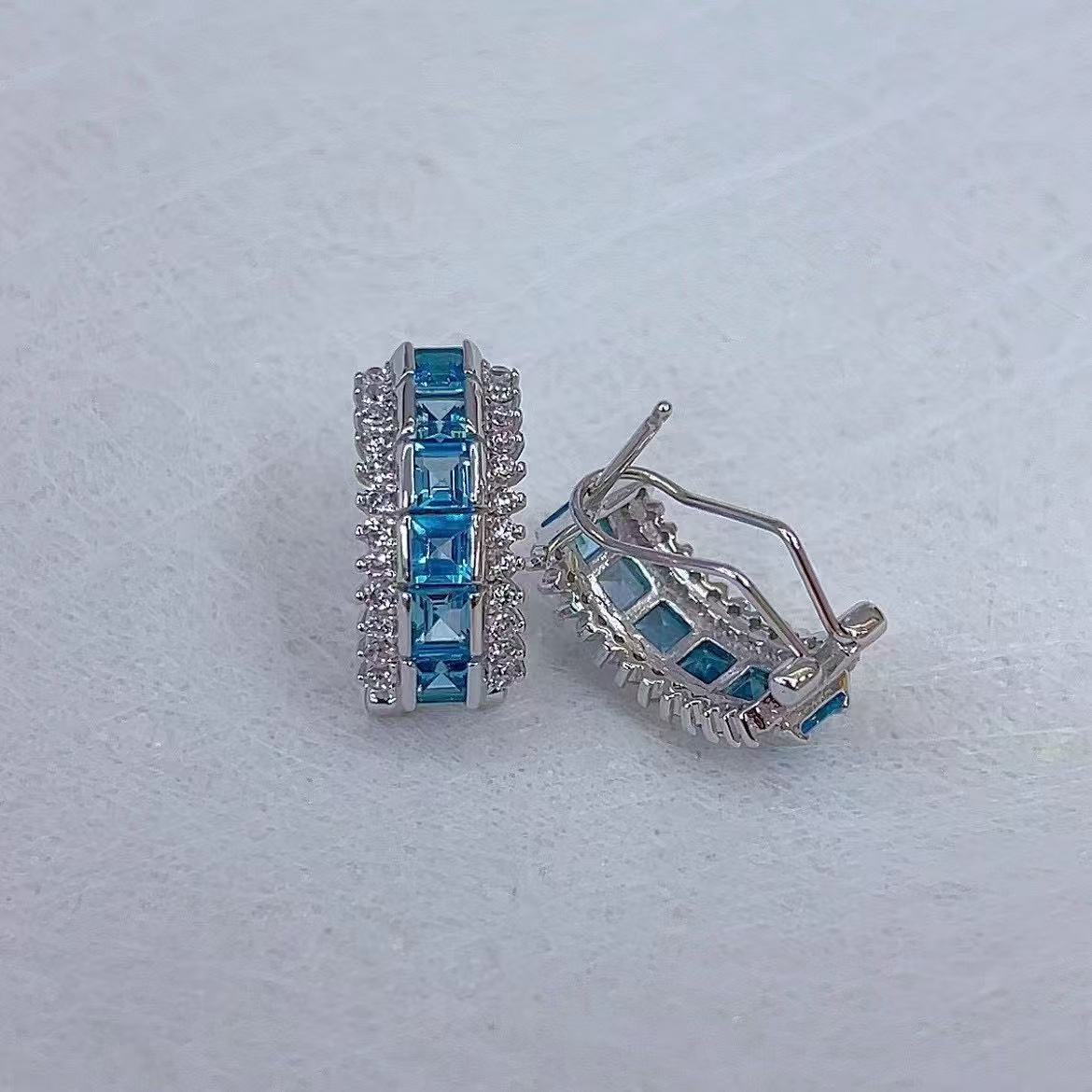 Graceful Rhodium Plated Silver 925 Natural for Swiss Blue Topaz Hoop Earrings