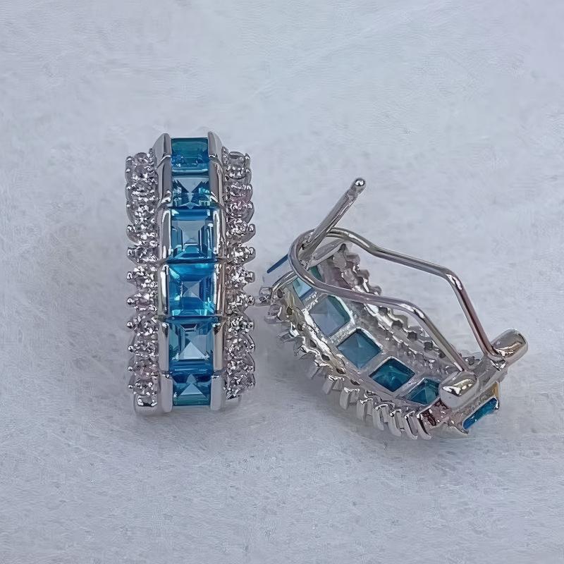 Graceful Rhodium Plated Silver 925 Natural for Swiss Blue Topaz Hoop Earrings