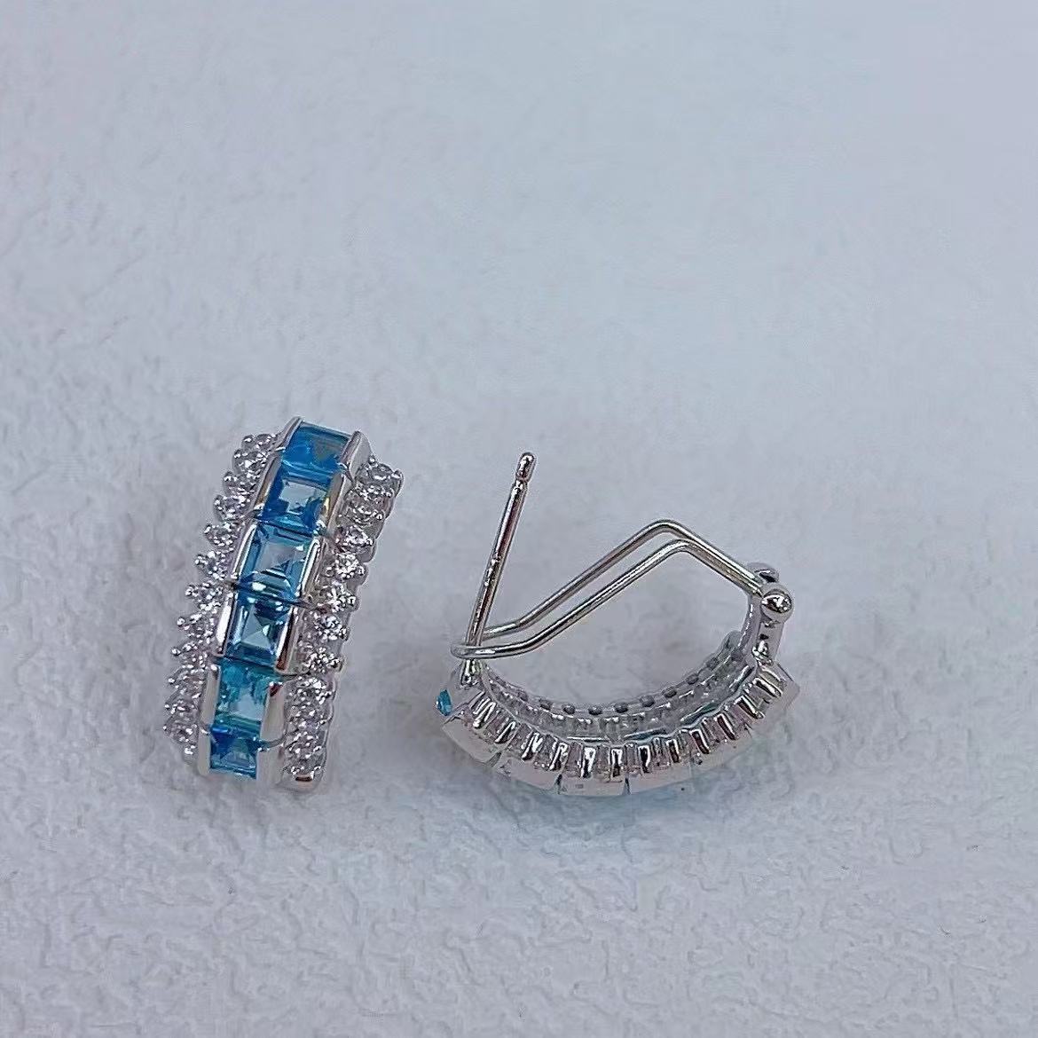 Graceful Rhodium Plated Silver 925 Natural for Swiss Blue Topaz Hoop Earrings