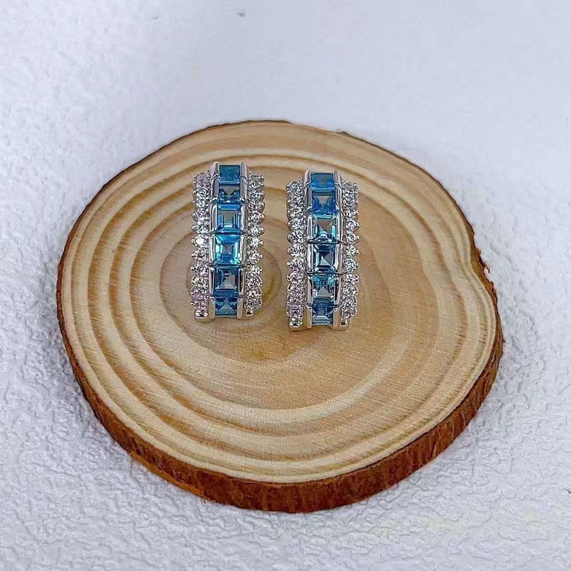 Graceful Rhodium Plated Silver 925 Natural for Swiss Blue Topaz Hoop Earrings