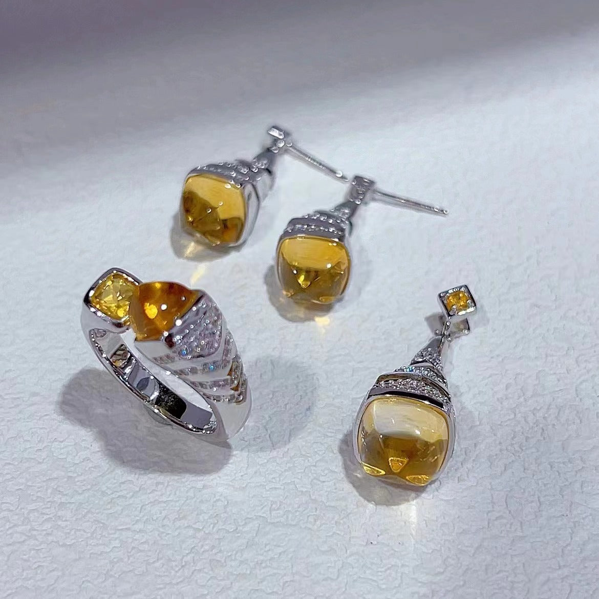 Trendy Rhodium Plated 925 Silver Citrine Quartz Jewelry Sets