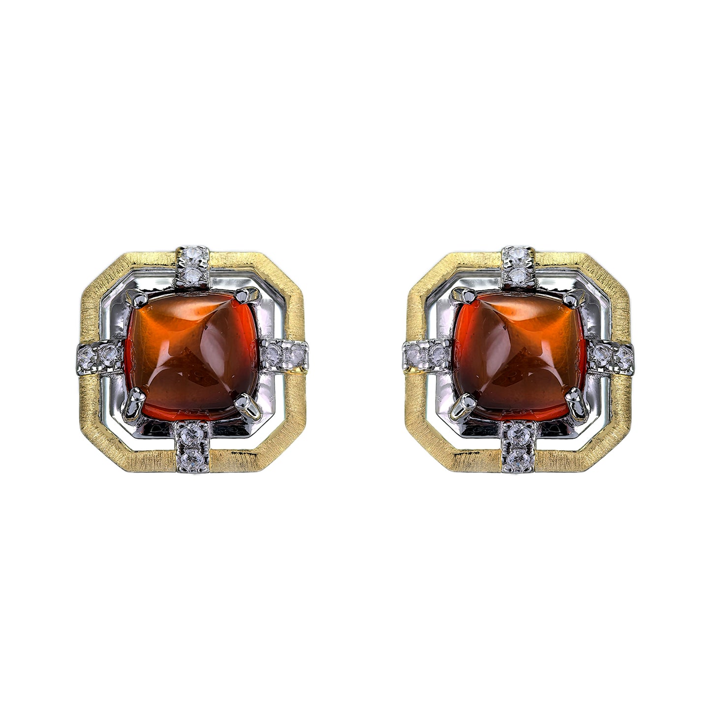 Vintage Dual Color Plated 925 Silver Jewelry Natural Mandarin Garnet Stud Earrings
