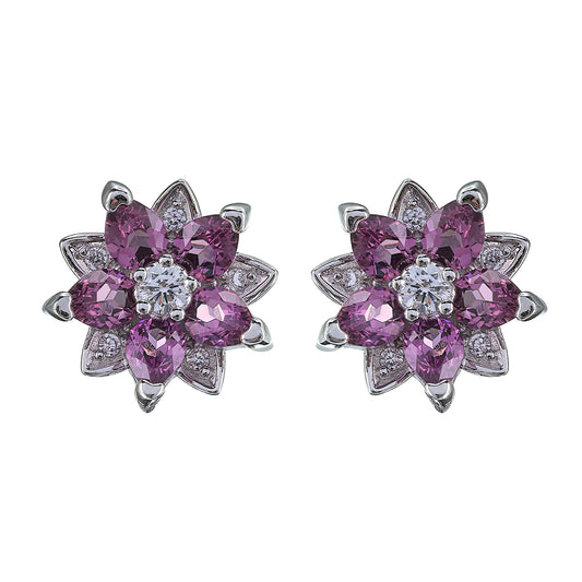 Trendy 925 Silver Pyrope Flower Stud Earrings Exquisite Rhodium Plated Pear Cut