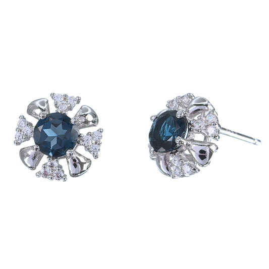 Delicate Rhodium Plated 925 Silver Natural London Blue Topaz Stud Earrings