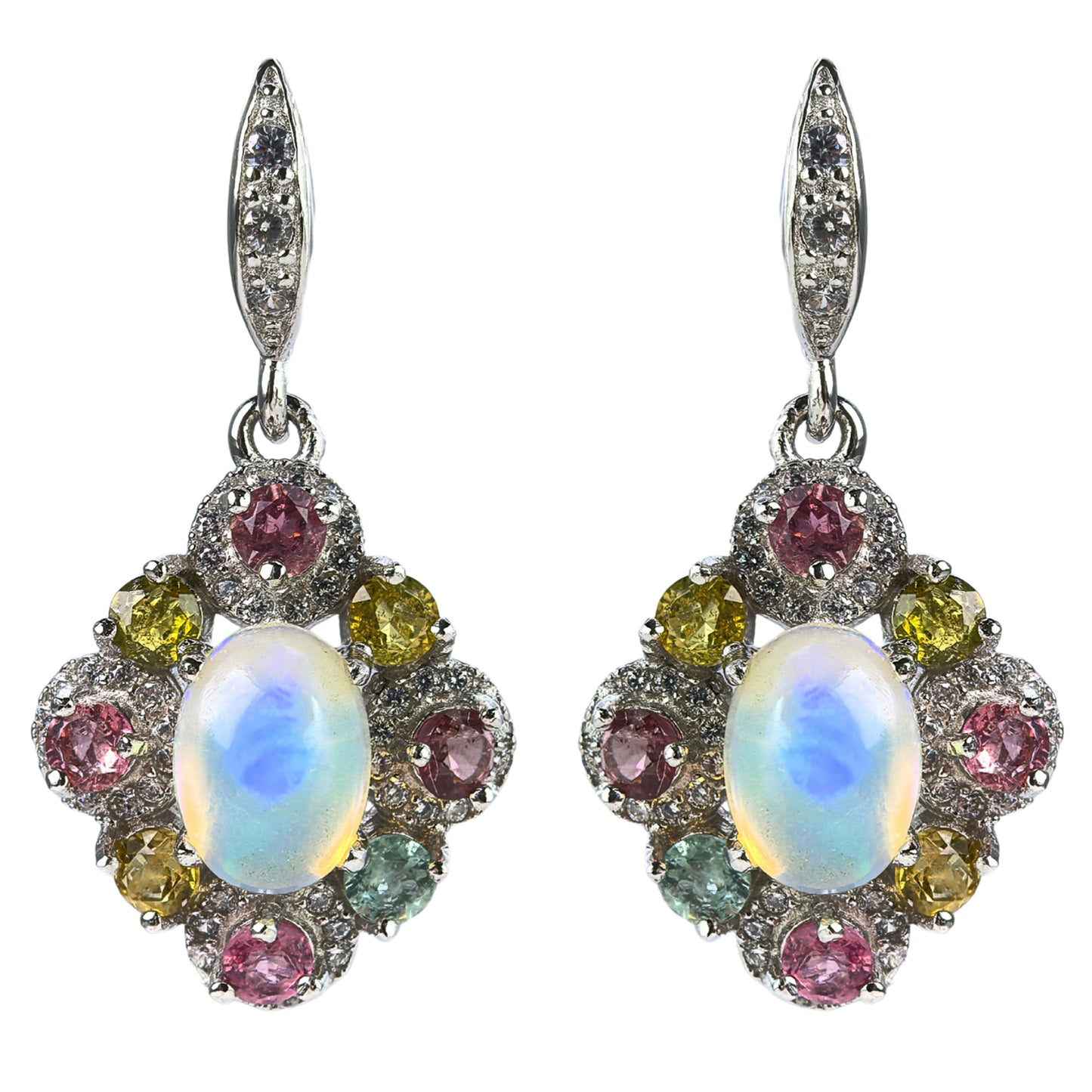 Delicate Rhodium Plated 925 Silver Jewelry Natural Opal Flower Drop Earrings