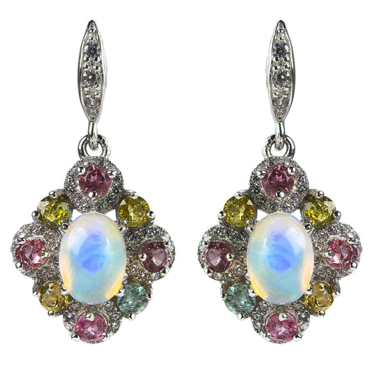 Delicate Rhodium Plated 925 Silver Jewelry Natural Opal Flower Drop Earrings