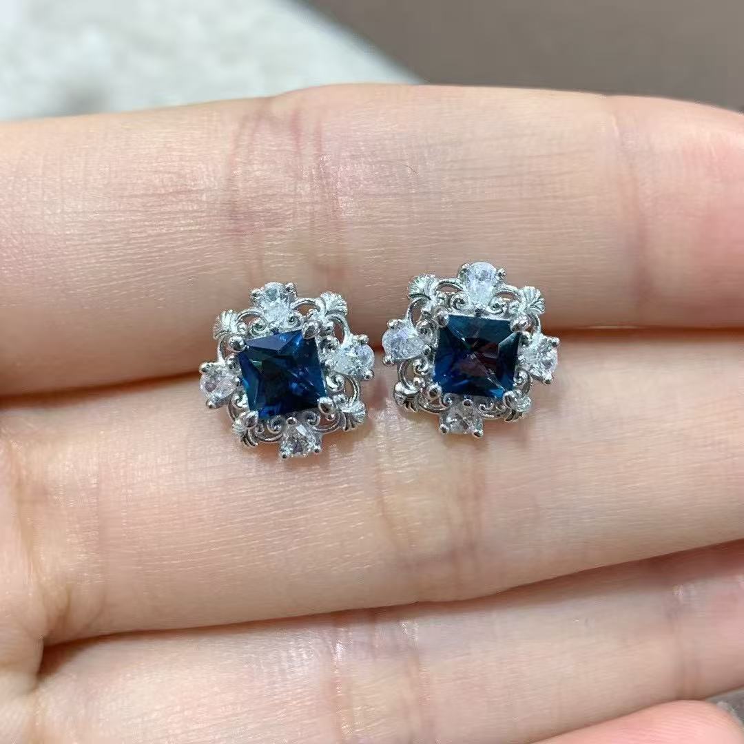 Rhodium Plated 925 Sterling Silver Natural London Blue Topaz Earring