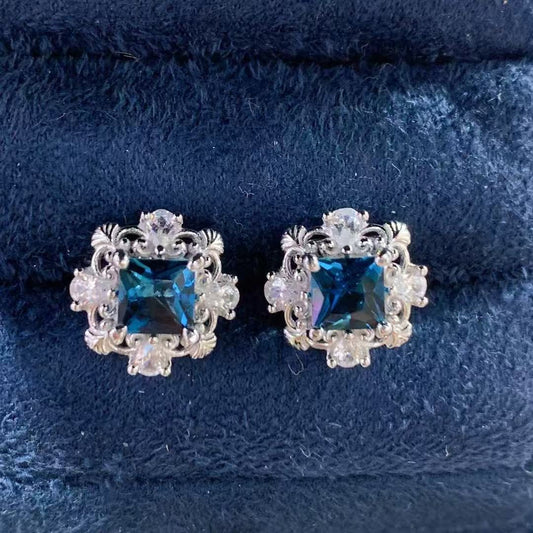 Rhodium Plated 925 Sterling Silver Natural London Blue Topaz Earring