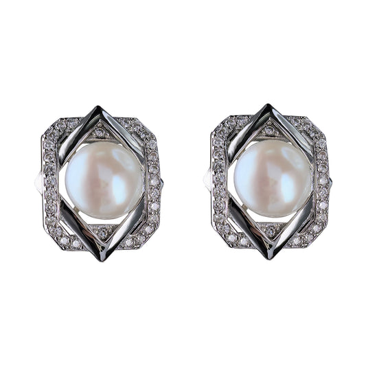 Unique Rhodium Plated Silver 925 Jewelry Freshwater Pearl Stud Earrings