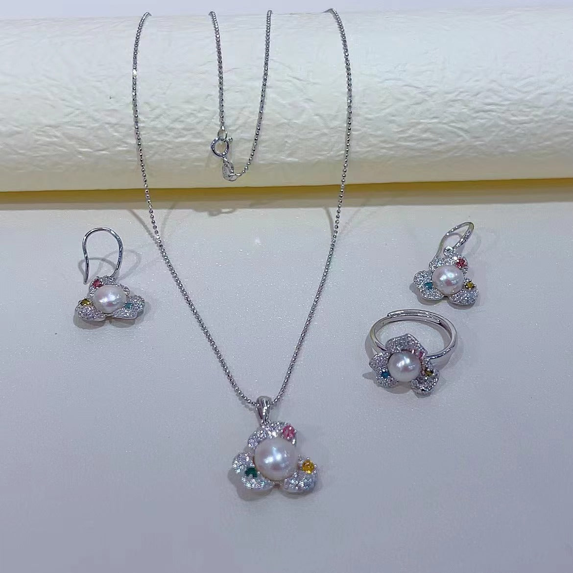Elegant 925 Sterling Silver Freshwater Pearl Flower Jewelry Set Rhodium Plated