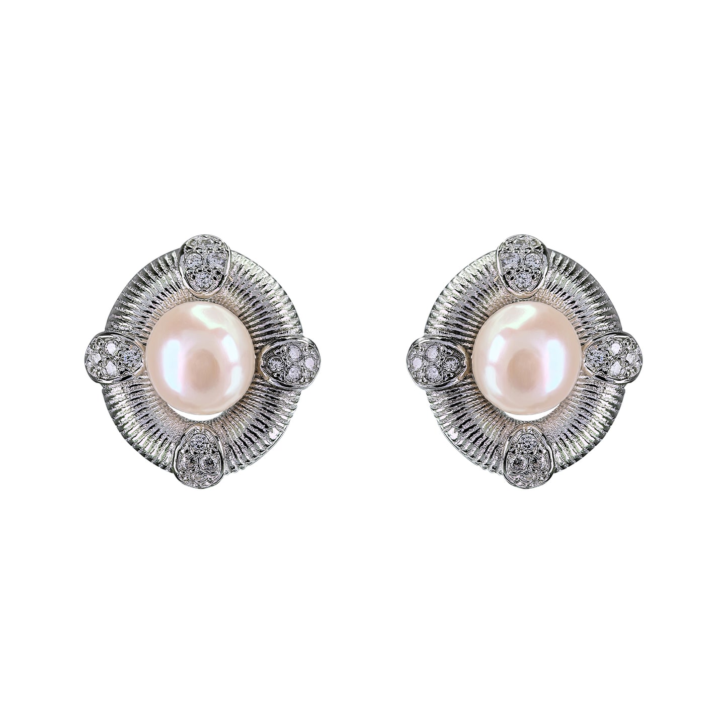 Unique Rhodium Plated Silver 925 Jewelry Freshwater Pearl Stud Earrings
