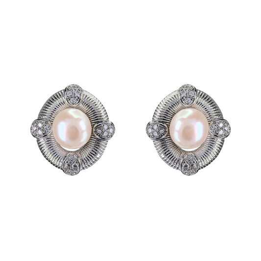 Unique Rhodium Plated Silver 925 Jewelry Freshwater Pearl Stud Earrings