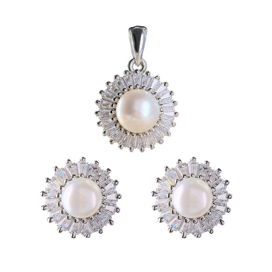 Sparkling Rhodium Plated Prata 925 Freshwater Pearl Women Jewelry Set