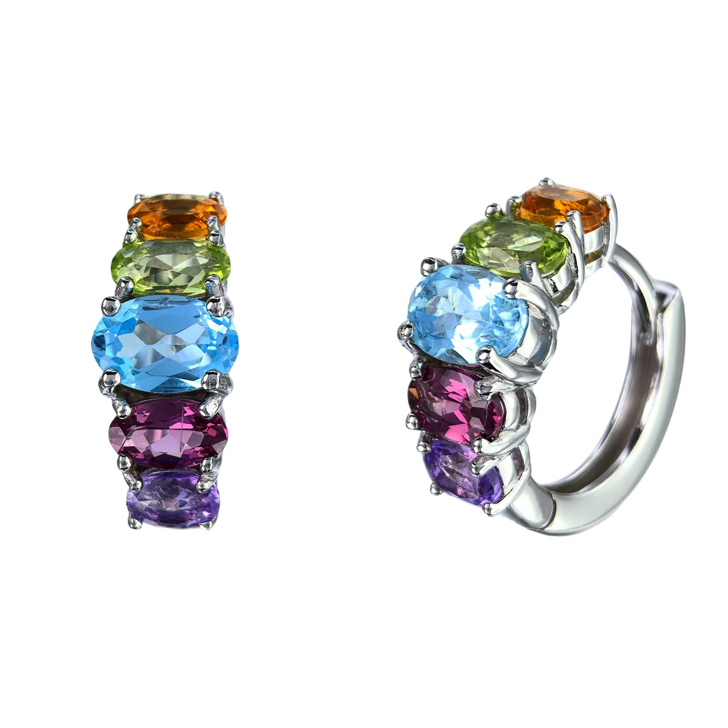 Exquisite Rhodium Plated Silver 925 Jewelry Multiple Natural Gemstone Hoop Earrings