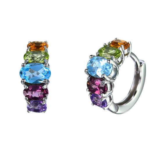 Exquisite Rhodium Plated Silver 925 Jewelry Multiple Natural Gemstone Hoop Earrings