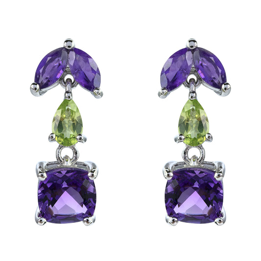 Elegant Rhodium Plated 925 Silver Jewelry Multiple Natural Gemstone Drop Earrings