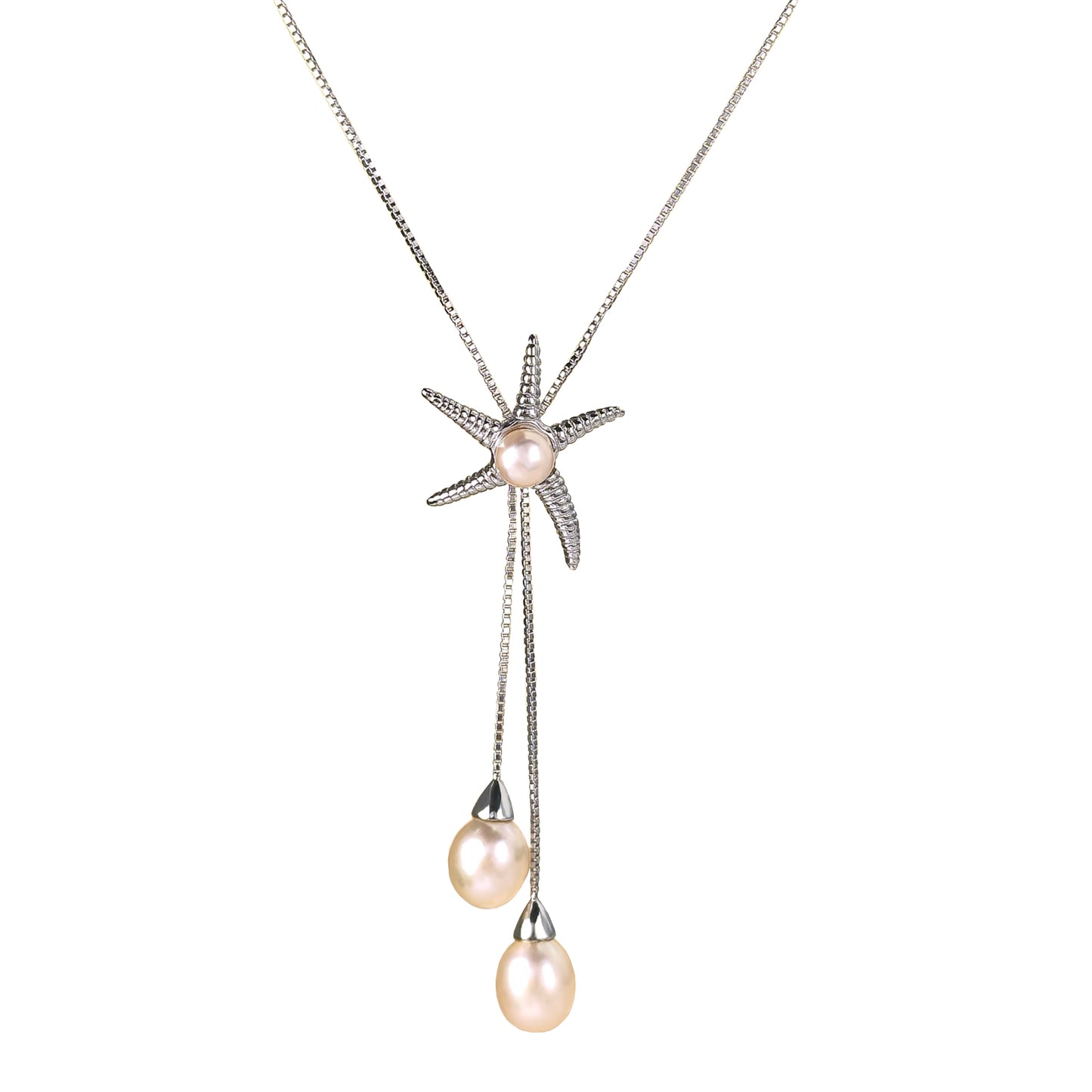 Gorgeous Rhodium Plated Silver 925 Freshwater Pearl Starfish Necklace